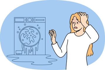 Broken washing machine shocks housewife who needs help of household appliance repairman. Breakdown of washing machine and flood in apartment are caused by lack of maintenance and clogged pipes