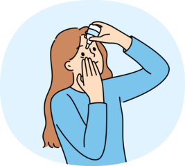 Woman uses eye drops to improve vision or reduce dry pupils causing ophthalmic diseases. Young girl with eye drops recommended by ophthalmologist to avoid blindness and conjunctivitis.