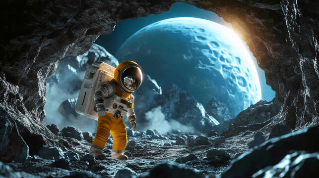 Astronaut exploring lunar cavern moon surface digital art sci-fi environment dramatic angle space exploration concept