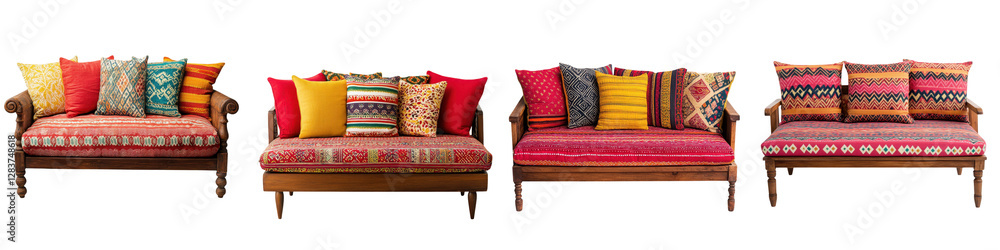 Poster vibrant colorfully patterned and intricately embroidered bohemian style sofas and couches arranged i