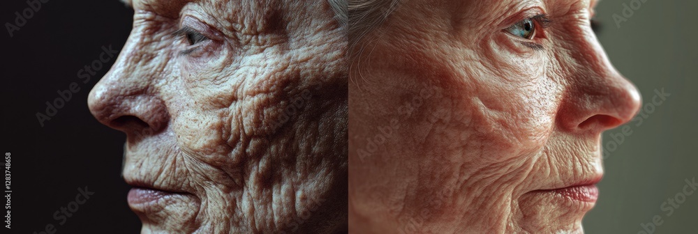 Poster transformation reflected through time showcasing aged face versus youthful appearance in a split com