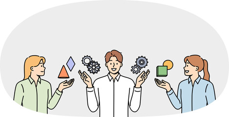 Team of people are discussing business management and consulting with specialist, standing near gears. Successful male manager explains to girls rules of management in industrial sector