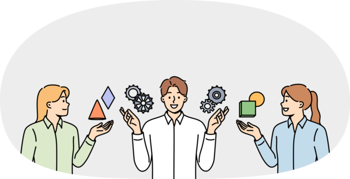 Team of people are discussing business management and consulting with specialist, standing near gears. Successful male manager explains to girls rules of management in industrial sector