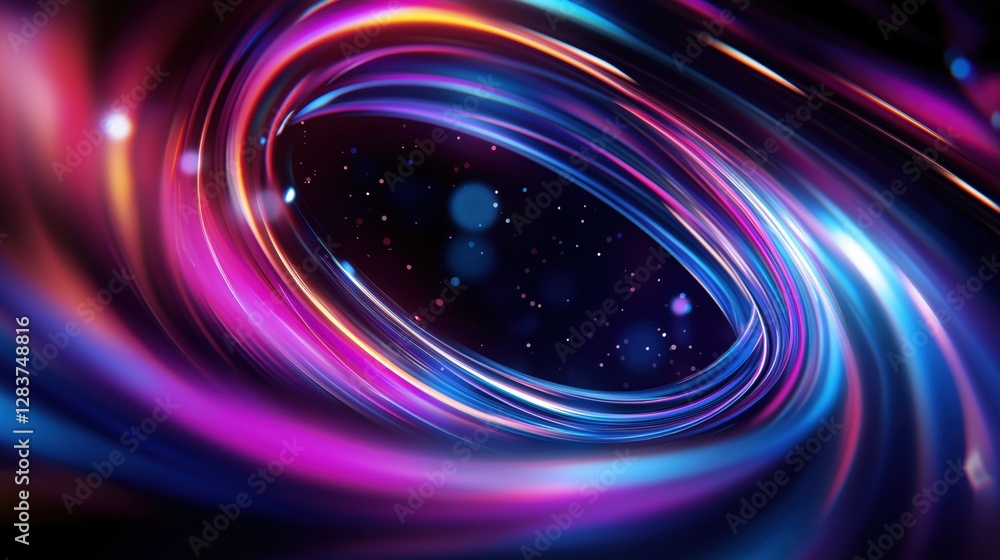 Poster swirling visual representation of quantum tunnel effect with vibrant colors and patterns