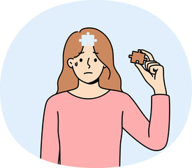 Depressed woman cries, feeling lack of motivation for development, and pulls piece of puzzle out of...