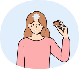 Depressed woman cries, feeling lack of motivation for development, and pulls piece of puzzle out of head. Girl with mental health disorder crying, needing support from friends and boyfriend