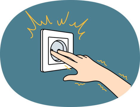 Hand near electrical outlet produces electric shock when touched due to violation of safety regulations. Man sticks fingers into socket and gets electric shock becouse of stupidity and curiosity