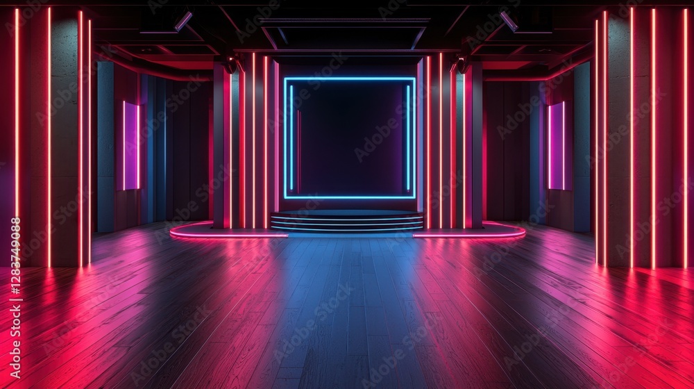 Aufkleber futuristic empty stage with neon lights and dark background for virtual events and presentations