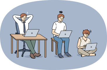 Evolution of man office clerk using laptop, gradually turning into successful manager. Primitive man with computer work hard and become happy office worker thanks to ambition and motivation