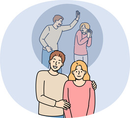 Problem of domestic violence is hidden by man aggressor and woman victim smiling in public. Concept importance of combating family violence and rescuing girls under influence of domestic tyrant