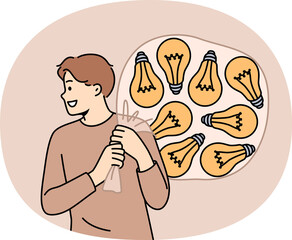 Talented man with lot of ideas in imaginary bag goes to investors for investment for startup. Light bulbs behind happy guy symbolize ideas and innovations awaiting testing and launch.
