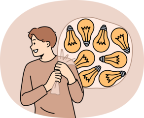 Talented man with lot of ideas in imaginary bag goes to investors for investment for startup. Light bulbs behind happy guy symbolize ideas and innovations awaiting testing and launch.