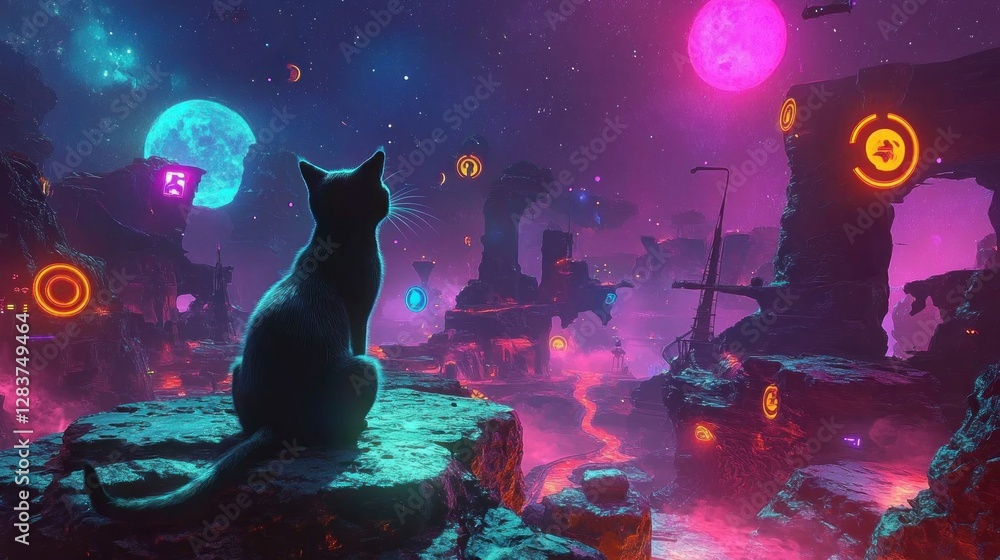 Poster a cat gazes at a vibrant cosmic landscape filled with colorful planets and mysterious structures.