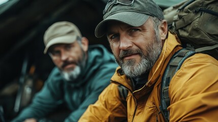 Fototapeta premium Two rugged men with beards and outdoor gear share a moment in nature, highlighting their camaraderie and connection in an adventurous setting.