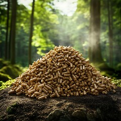 Obraz premium Biofuel concept with wood pellet pile in lush forest