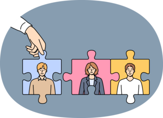 Team building from puzzle with business people in process of recruiting and hiring company personnel. Team building to improve relationships between different departments of corporation