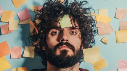 Young man lies amidst a chaotic array of colorful sticky notes, symbolizing the stress and pressure of multitasking and managing tight deadlines in a fast paced work environment