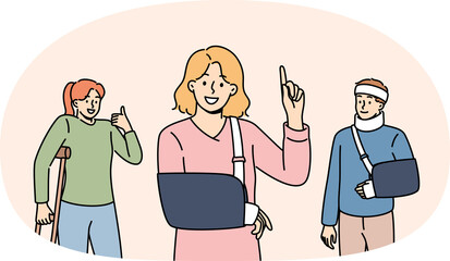 Injured people received treatment at clinic show approving gestures confirming quality of healthcare. Patients of traumatologist are satisfied with amount of medical insurance and healthcare system