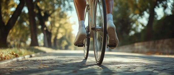 Cyclist's feet in motion on a sunlit, tree-lined pathway, capturing the thrill of a solo ride amidst nature, emphasizing speed and freedom.