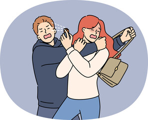 Man robber sprayed with gas from victim spray bottle, using pepper spray for self-defense. Girl trying to save woman from robber who is stealing handbag with purse for purpose of dishonest enrichment.