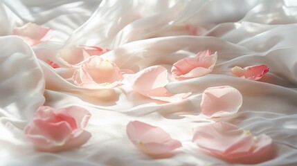 Delicate rose petals on silk, bathed in soft morning light, evoking a dreamy, romantic ambiance.