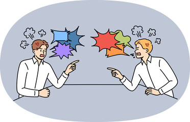 Quarrel two business men sitting at table and uttering accusations and insults against competitor....