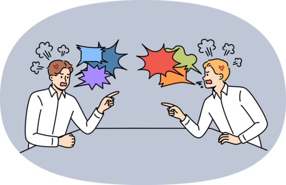 Quarrel two business men sitting at table and uttering accusations and insults against competitor. Quarrel between office employees is caused by lack of clear remuneration system in corporation