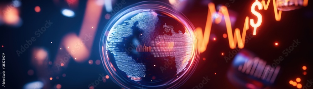 Poster digital globe surrounded by floating financial symbols and data visualization elements