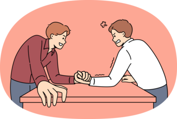 Two men engage in arm wrestling to find out who is stronger and prove own leadership in business team. Friends do comic am-wrestling, demonstrating athletic superiority to opponent
