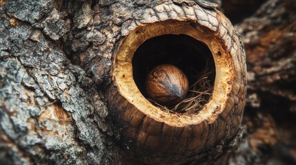 Close-Up of Nut Inside Tree Hollow with Textured Bark Surrounding It