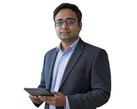  Young man with beard holding tablet and presenting gesture isolated on transparent background PNG