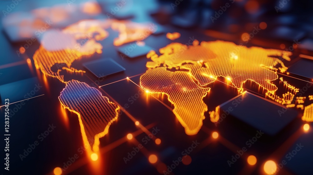 Poster futuristic visualization of supply chain network overlaid on global map
