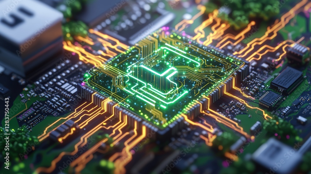 Poster green circuit board with 5g wireless network and cloud computing technology illustration