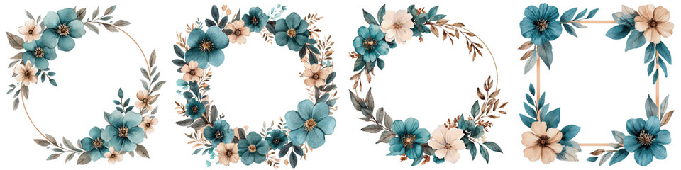 Elegant floral wreath made with delicate flowers and leaves in shades of blue beige and green  The wreath has a vintage
