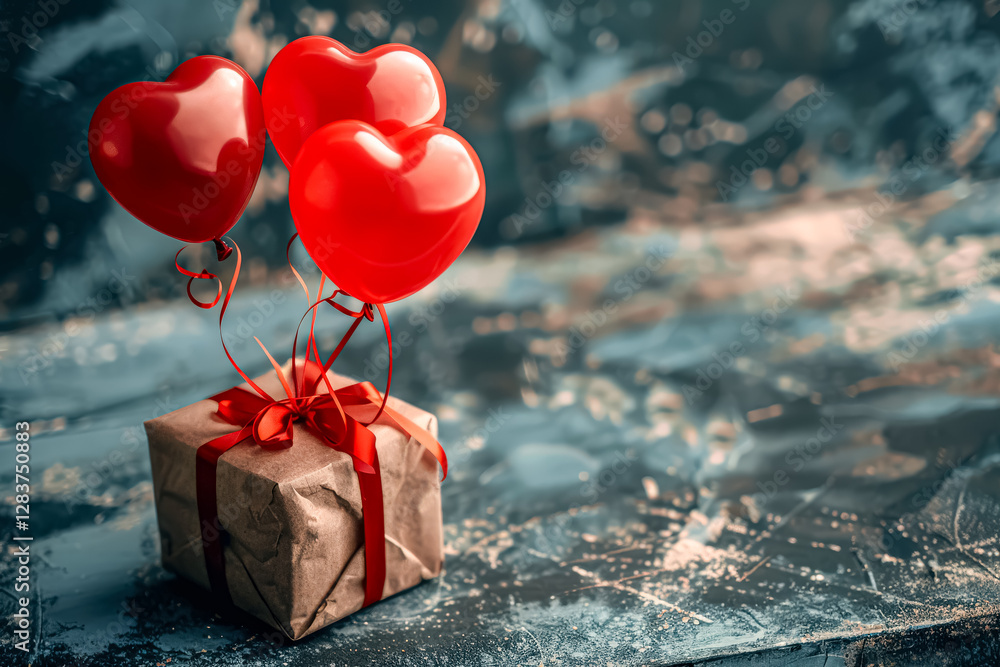 Poster box with red ribbon and three red balloons on top of it