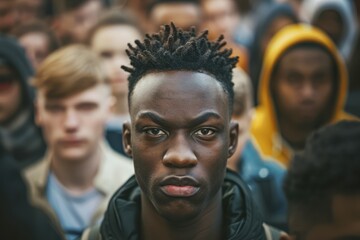 Obraz premium Portrait of a serious young man standing in a busy city street, looking towards the camera