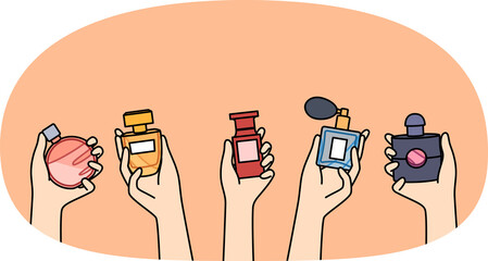 Bottles of perfume in hands of women choosing new scent to create desired look when going to party. Assortment of fragrances in perfume shop, with various essences and extracts for eau de toilette