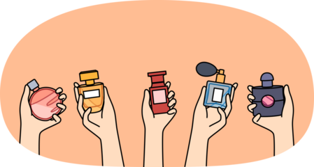 Bottles of perfume in hands of women choosing new scent to create desired look when going to party. Assortment of fragrances in perfume shop, with various essences and extracts for eau de toilette