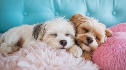 Dog sleeping so cutely on a fluffy pillow