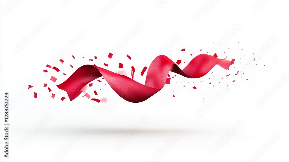 Poster Flowing Red Ribbon with Colorful Confetti on a White Background