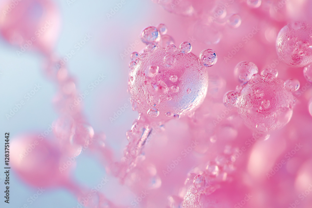 Poster bubbles form in a soft pink liquid creating an ethereal atmosphere