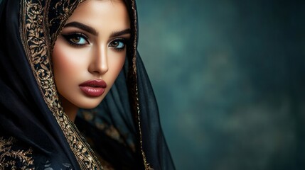 A radiant middle-eastern woman adorned in a beautifully embroidered scarf captures the essence of elegance and grace, gazing thoughtfully into the distance
