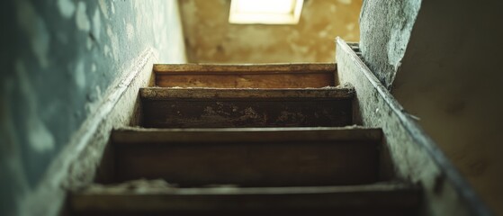 An old, wooden staircase with worn steps leads up to a sunlit attic, casting a nostalgic, mysterious ambiance into the dimly lit space.