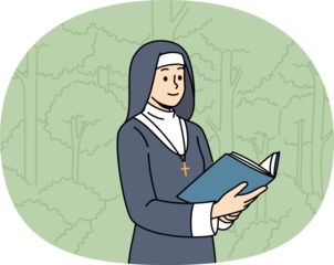 Woman nun with holy book stands in park among trees, dressed in cassock for religious service in temple. Nun studies sacred scriptures and prayers during breaks between prayer services in cathedral