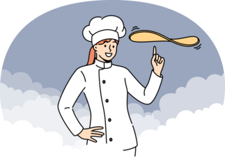 Woman chef cook prepares dough for pizza or delicious pie, stands among clouds of flour. Girl restaurant chef demonstrates skills in preparing complex dishes and baking with unique recipe.