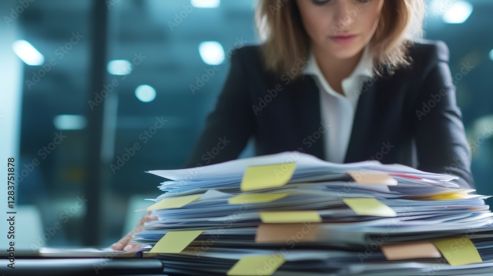 Poster businesswoman overwhelmed by a towering stack of documents and sticky notes, embodying the stress an