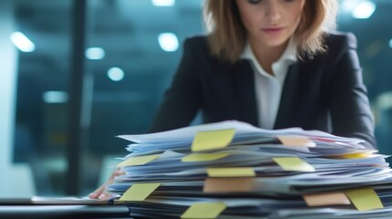 Businesswoman overwhelmed by a towering stack of documents and sticky notes, embodying the stress and pressure of multitasking and meeting tight deadlines in a fast paced work environment