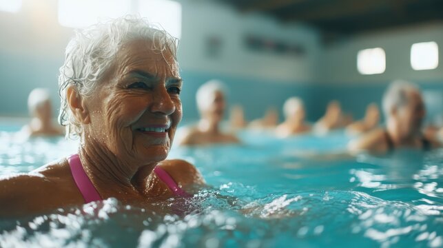 In a vibrant pool, a cheerful older woman enjoys swimming with a group, promoting the benefits of aquatic fitness and fostering community connections among seniors.