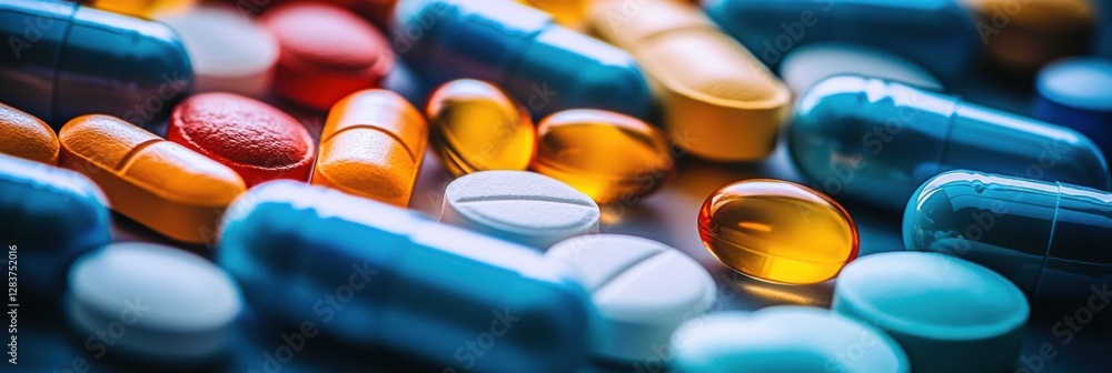 Poster variety of colorful pills and capsules scattered on a surface in a close up view showing different s