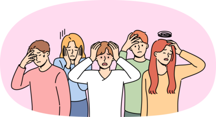 Excited people experiencing panic or discomfort caused by magnetic storms affecting psychological state. Crowd of men and women suffering from panic after receiving fake news with misinformation